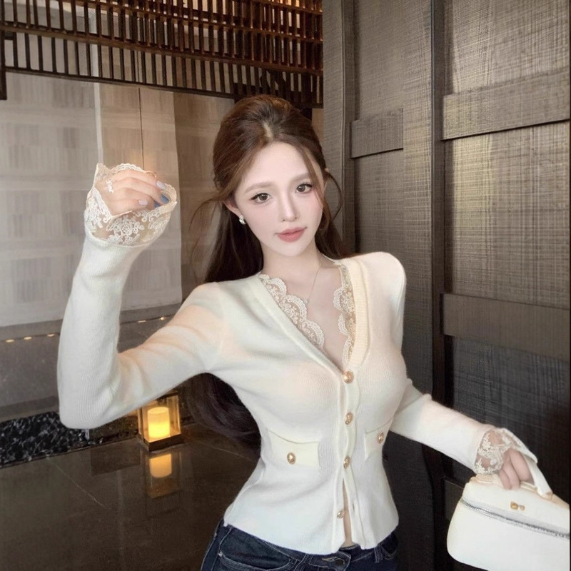Pure Desire Style Lace Deep V-Neck Patchwork Knitted Cardigan for Women, Autumn Design Slim Fit Elegant Top