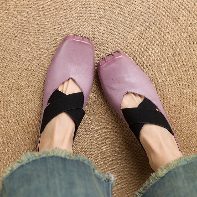 Giày búp bê mũi vuông retro da ngựa, quai sau hở, dép sandal mới hè — đen