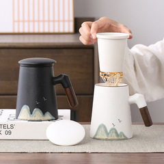 Japanese-style hand-painted distant mountain mugs, ceramic with lid, filter inner pot tea separation tea brewing cup, large capacity water cup