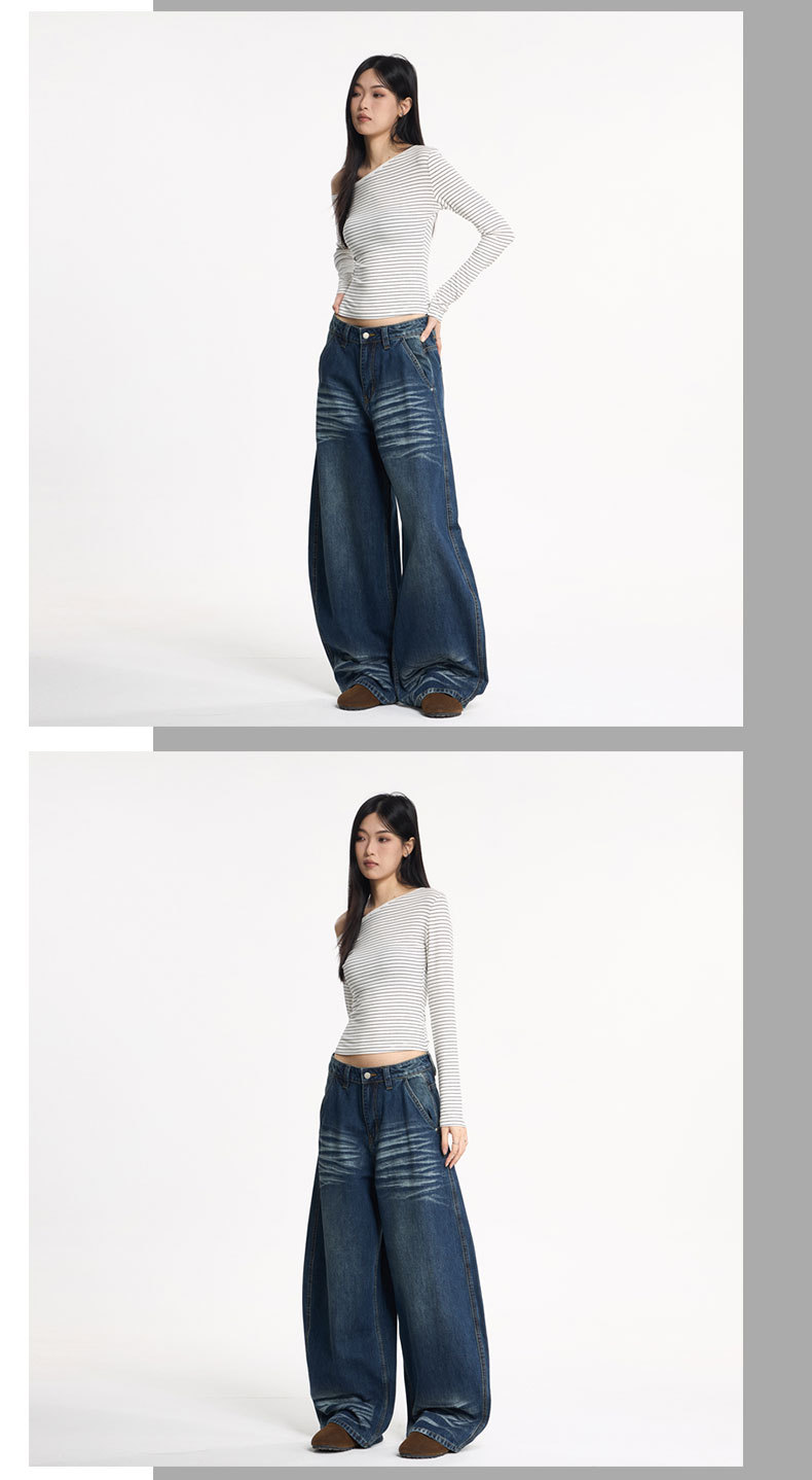 LKTM Men's Vintage Washed Blue Baggy Jeans Relaxed Fit Wide Leg Bootcut Trousers with Retro Whisker Distressing_viptrois.com