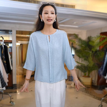 0225#提花真丝上衣女士高定中袖衬衫休闲桑蚕丝短袖小衫可配裤子