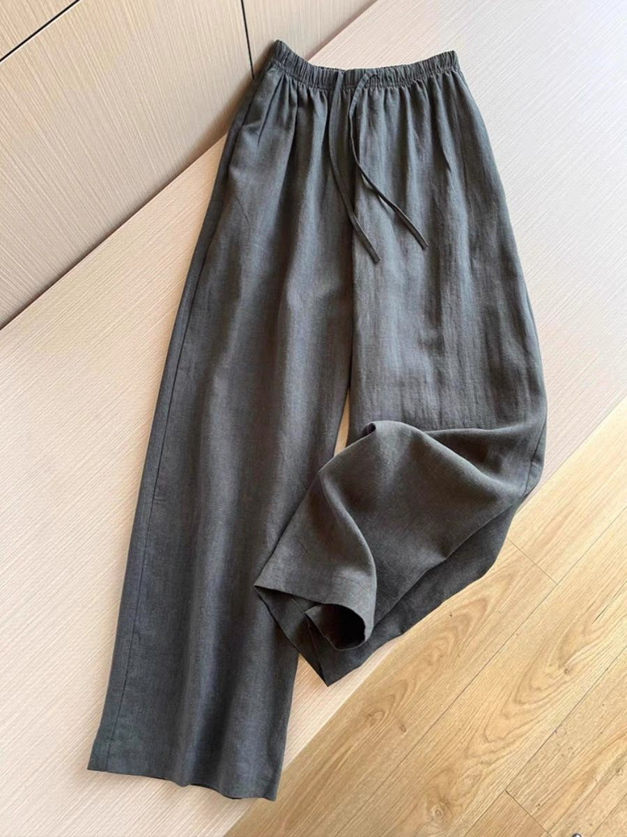 Quần culottes nữ ống rộng vải lanh phối bông mỏng mùa hè — Màu xám than chi tiết 3
