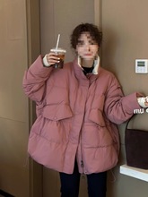 立领拼接收腰宽松显瘦羽绒服冬新袖子设计感加厚保暖外套女潮
