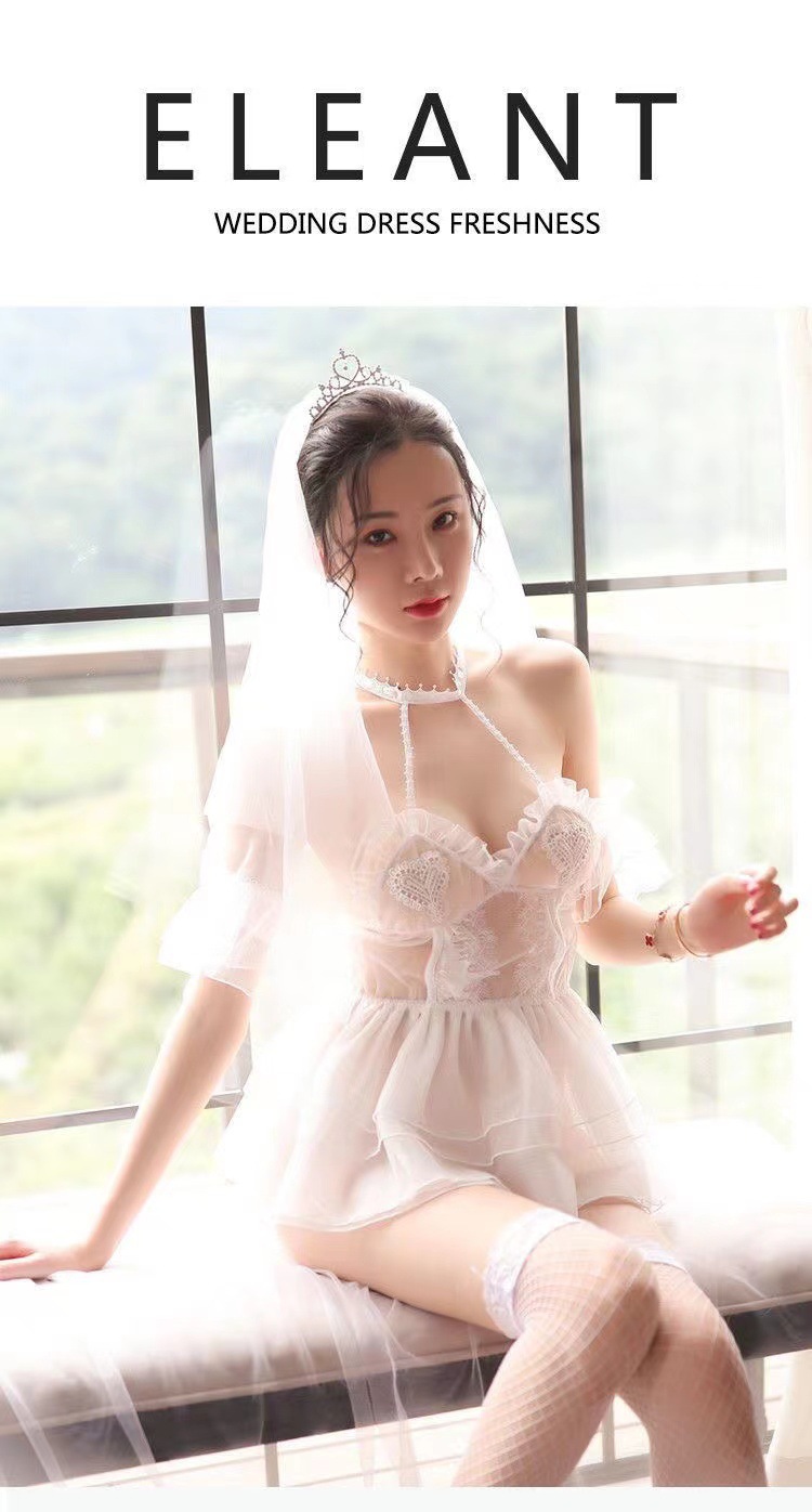 Bridal Lace Babydoll Lingerie Set, Sheer Mesh Wedding Roleplay Pajamas, Black — detail image 6
