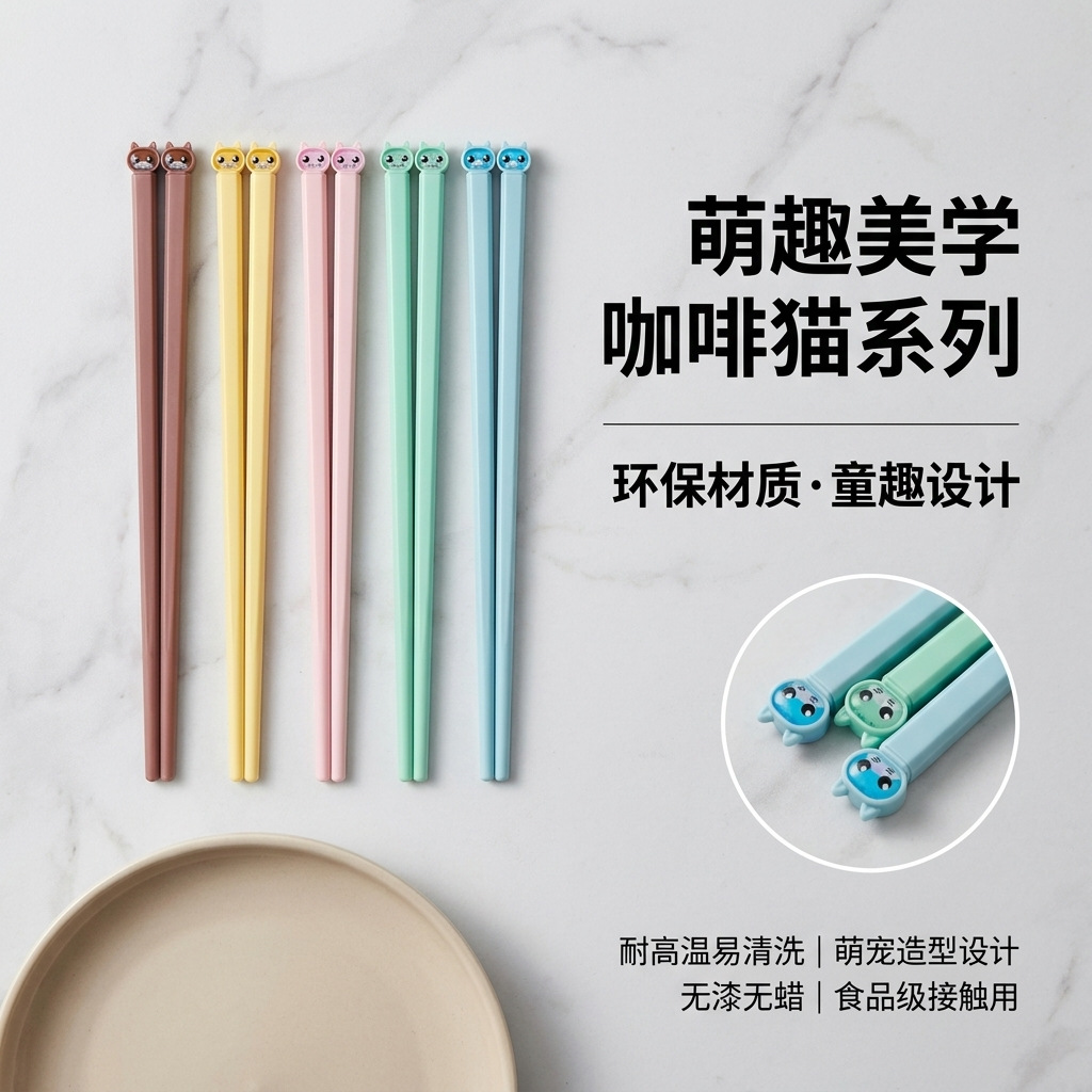 家用儿童咖啡猫合金筷子一人一色2025新款可爱高颜值马卡龙合金筷