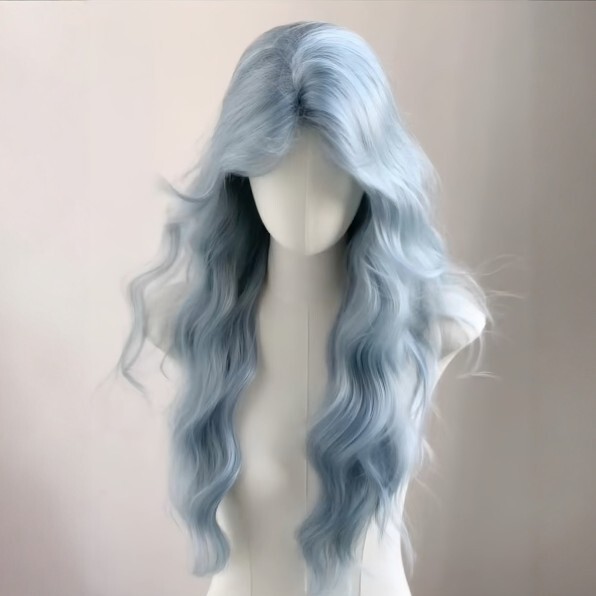 Women's wig in sea salt blue, with a relaxed and atmospheric vibe, long curly hair in a manga style, featuring a rose net base, full head wig Women's wig in sea salt blue, with a relaxed and atmospheric vibe, long curly hair in a manga style, featuring a rose net base, full head wig