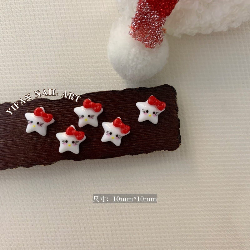 安可拉红凯蒂猫卡通美甲饰品网红kitty猫红色蝴蝶结新年指甲钻饰|undefined