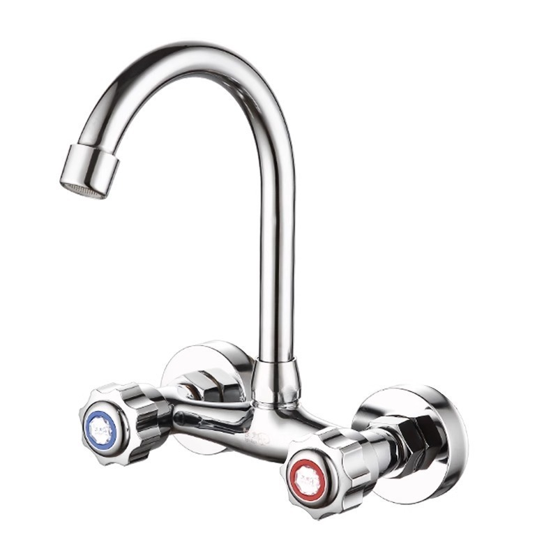 Doble grifo mezclador de agua válvula de cobre puro lavabo de cocina lavabo tipo universal en la pared tipo grifo de agua caliente y fría de doble orificio
