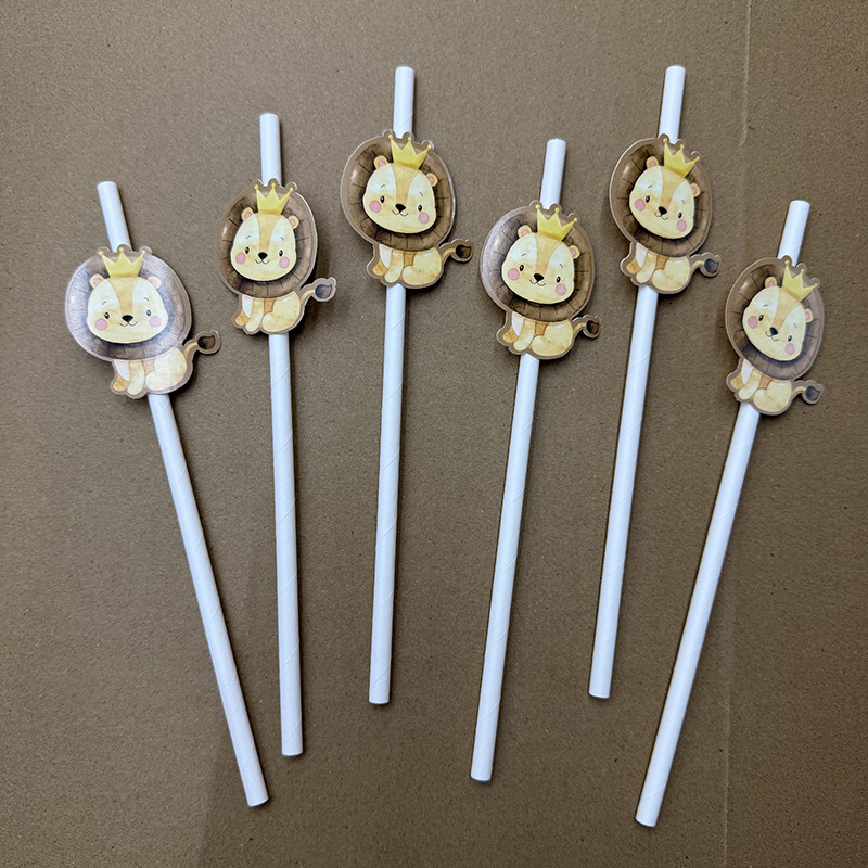 Jung Sen Animal temático tarjeta de león paja desechable postre fiesta decoración papel paja