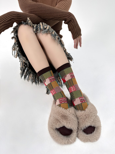 Japanese trendy brand double-needle double-way socks for men and women, colorful plaid mid-calf socks, spring and autumn retro cotton socks