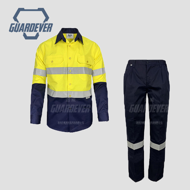 春夏纯棉工程作业服高能见套装长袖防紫外线UPF50+反光户外工作服