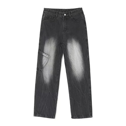 Oversized Pants from Douyin & Kuaishou: Retro Workwear Tie-Dye Gradient Black Denim Trousers with High-Street Vibe, Flared-Leg Design