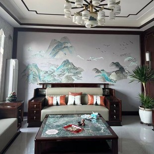 Seamless Landscape Embroidery Wall Cloth with Gold Thread, Chinese-Style Background Wall Cloth for Living Room Tv Sofa