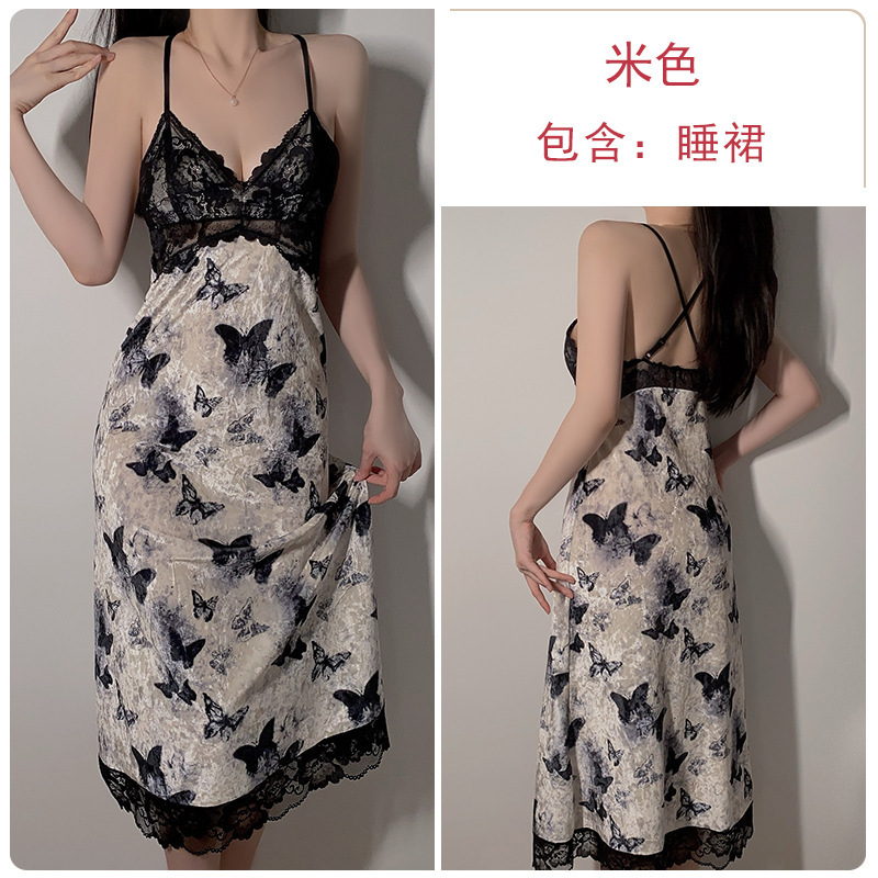瑰若纯欲慵懒印花睡衣激情深V加胸垫丝绒女睡裙外袍家居套装4827|undefined