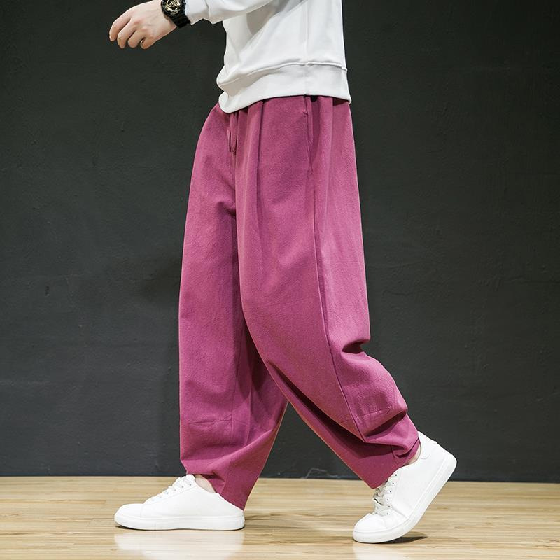 Pantalones largos de lino sueltos de primavera y otoño de estilo chino, pantalones largos de pierna ancha de talla grande más gordos, pantalones harem casuales de algodón y lino