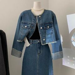 流行牛仔套装女春秋新款复古毛边牛仔短外套开叉半身裙显瘦两件套