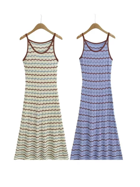 Y.Jia Summer Resort Style Striped Contrast Color Knitted Crochet Waist Slimming Slim Fit Strap Dress for Women