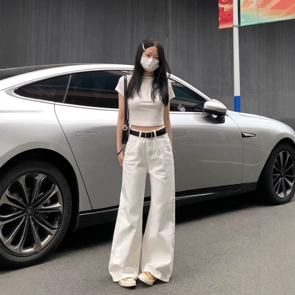 White Wide-Leg Jeans for Women Spring/Summer 2025 New High-Waisted Loose Slimming Straight Floor-Length Pants Trendy