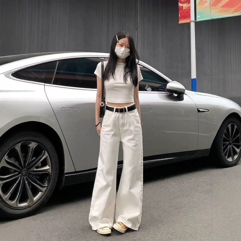 White Wide-Leg Jeans for Women Spring/Summer 2025 New High-Waisted Loose Slimming Straight Floor-Length Pants Trendy