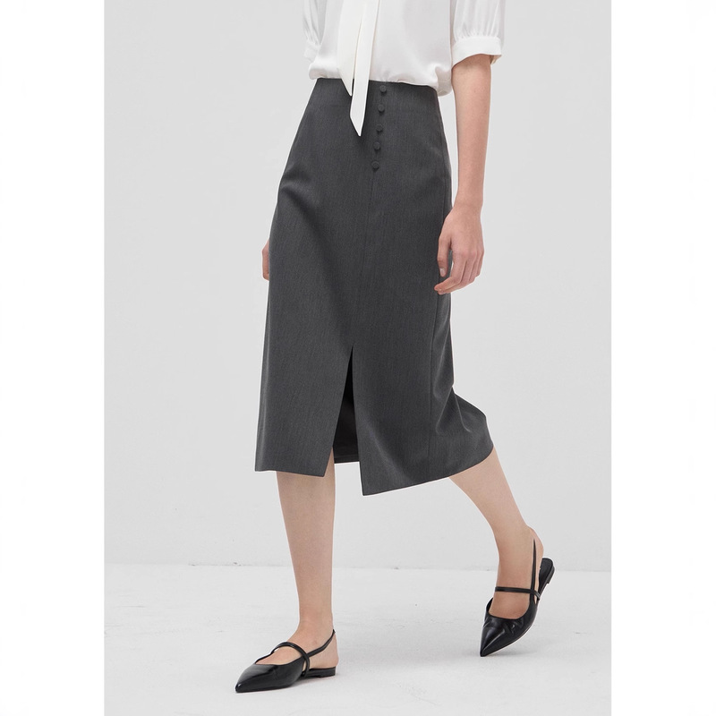 Gray Professional Slimming Look Work Clothing Mid-Length Skirt A-Line Umbrella Skirt Slit over the Knee Interview Skirt
