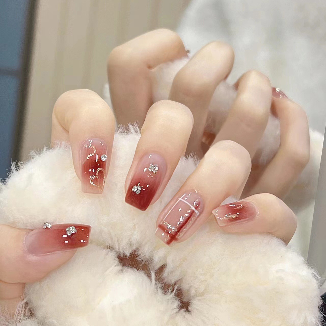 溫柔甜心美甲貼穿戴式顯白腮紅格紋紅棕美甲片可拆卸假指甲甲片貼