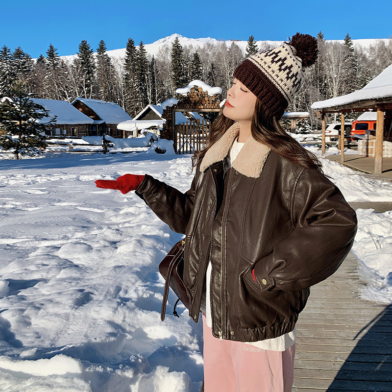 Retro Coffee-Colored Protein Leather down Jacket for Women 2024 Winter New Style Lambswool Lapel Pu Leather White Duck down Jacket Retro Coffee-Colored Protein Leather down Jacket for Women 2024 Winter New Style Lambswool Lapel Pu Leather White Duck down Jacket