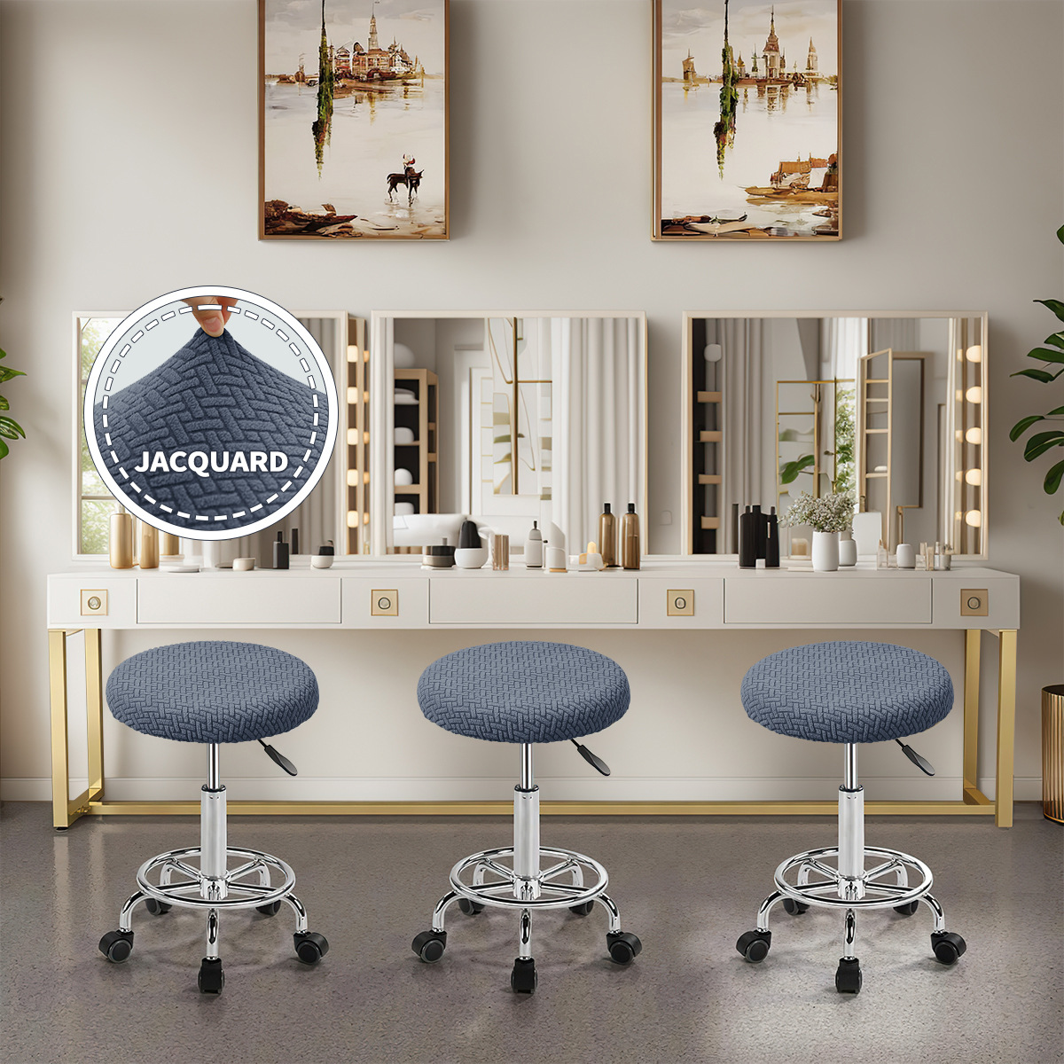 Conjunto de taburete redondo a rayas de jacquard transfronterizo, conjunto de taburete redondo elástico de color sólido universal, funda de silla de bar de barbería en stock