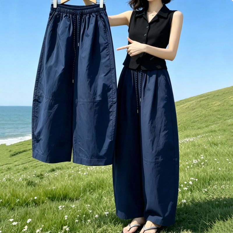 2026 Summer Red Elastic Waist Wide-Leg Pants for Women, Nine-Quarter Length, Drawstring Casual Pants, Loose, Slimming, Versatile, Curved-Cut Pants