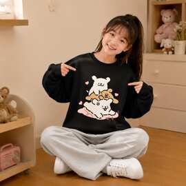 女童春秋冬圆领卫衣2026新款可爱风线条小狗上衣休闲圆领舒适卫衣