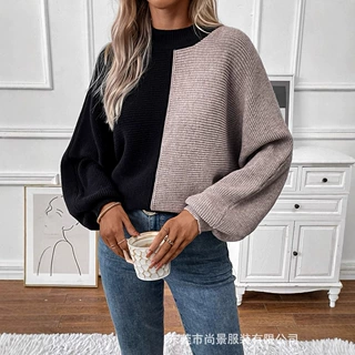 亚马逊跨境秋冬毛衣时尚套头圆领长袖拼色上衣宽松休闲慵懒针织衫