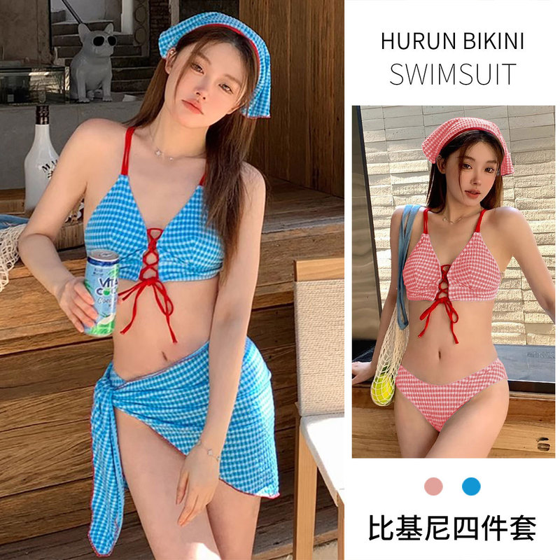 Dopamine 2025 New Pure Desire Bikini Four-Piece Swimsuit Girls Covering Flesh Plaid Sexy Hot Spring Swimwear