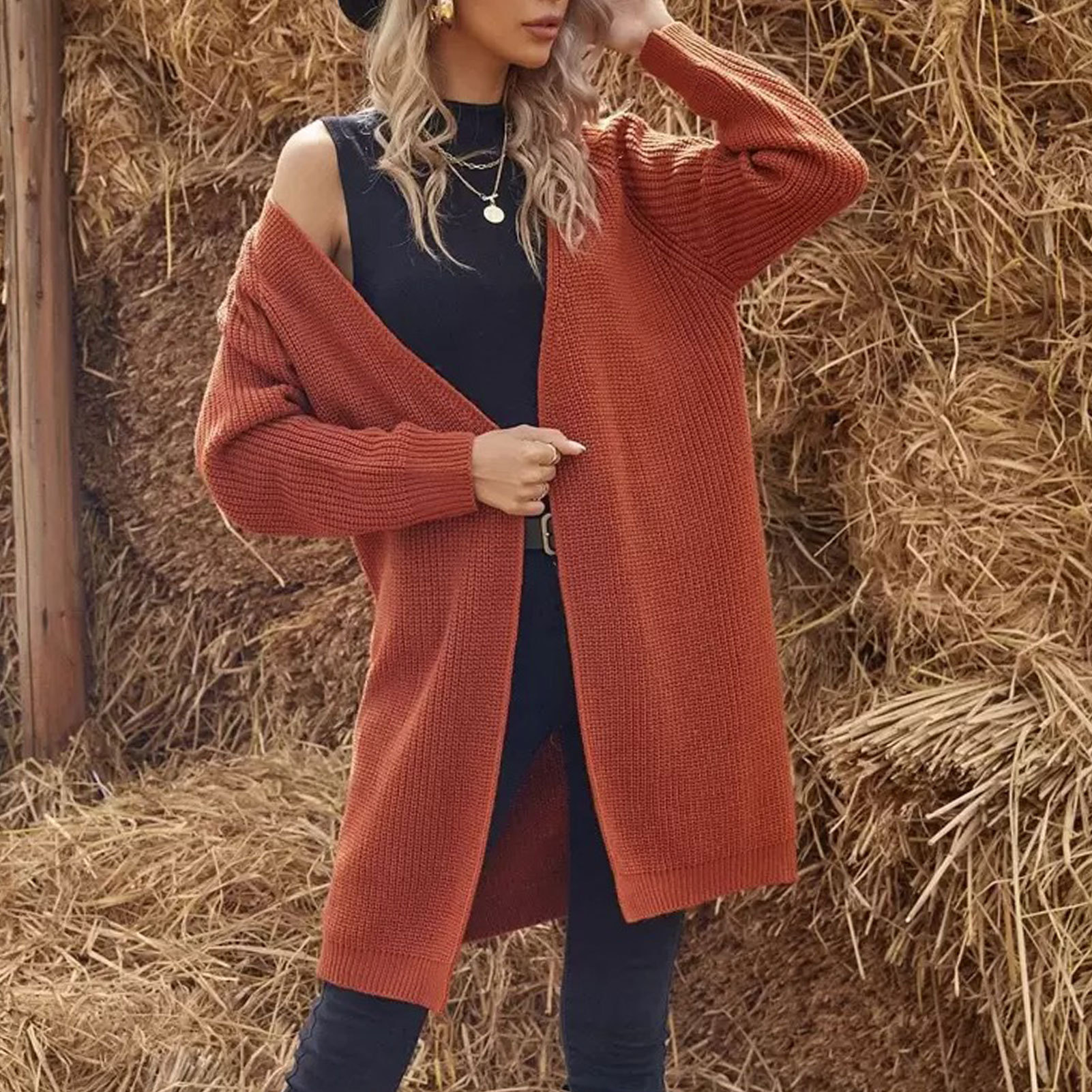 Amazon Fashion Mid-Length Knitted Cardigan Women's Loose Solid Color Sweater Coat Autumn and Winter Lazy Style Outer Jacket