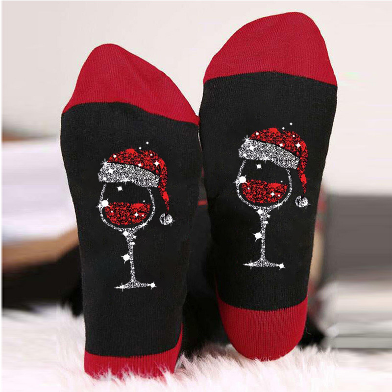 Calcetines navideños con letras de colores en contraste, estampado de muñeco de nieve, calcetines unisex de algodón con elementos navideños para comercio exterior.