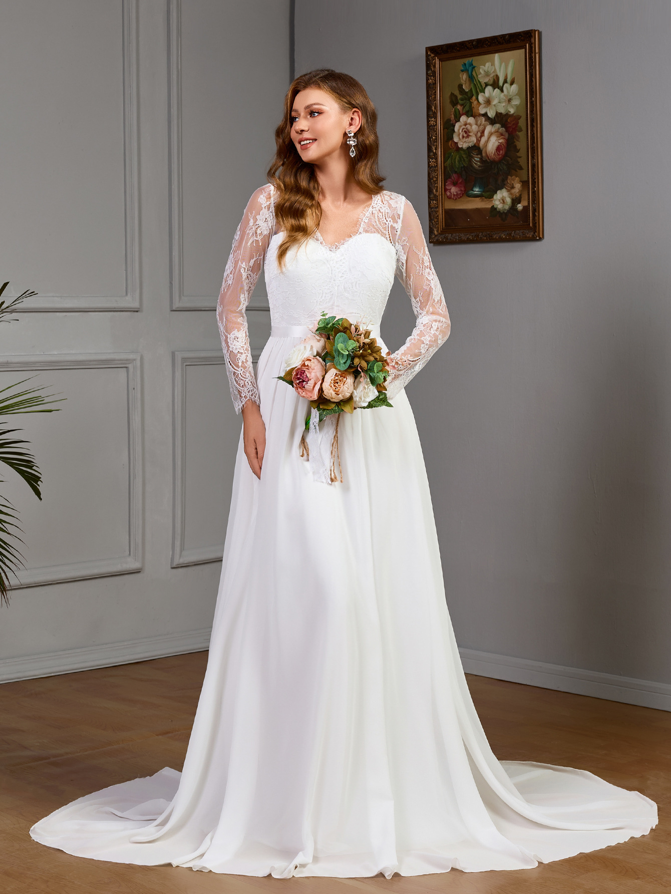 Comercio exterior europeo y americano nueva ropa de mujer Amazon encaje sexy vestido de boda de manga larga con un vestido de pecho de algodón blanco