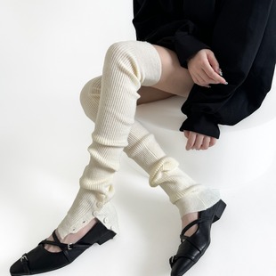 Autumn and Winter Grey Leg Set Warm Knee Pad High Barrel Button Design Sense Milk White Long Socks Piled Over Knee Socks Set