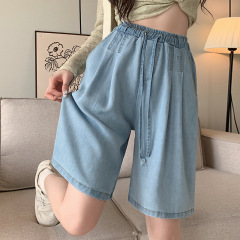 女性用プラスサイズテンセルデニムショートパンツ、夏用薄い洋ナシ型ボディパンツ、ファットmmアイスシルクアウターウェアワイドレッグ5点パンツ