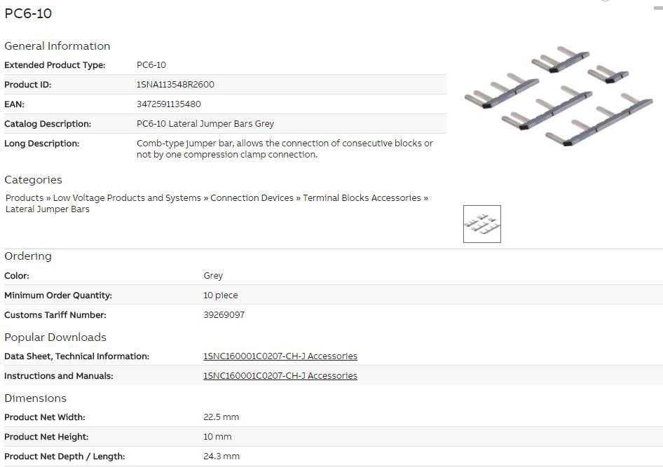 ABB接线端子配件梳型短路条 PC6-2 PC6-10