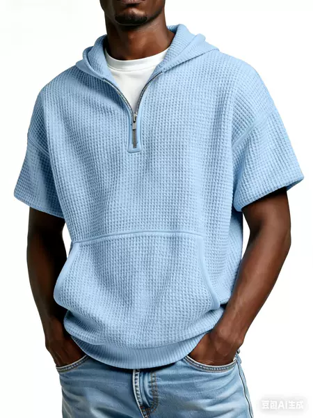Cross-Border Foreign Trade New Summer Waffle-Style Men's Hooded Sweatshirt Casual Short-Sleeve European and American Style Zip-Up Pullover Top