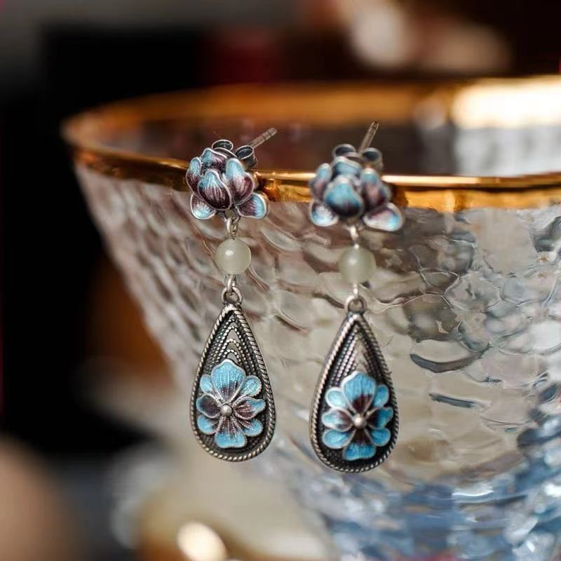 牡丹花烧蓝花丝耳钉白金色饰品民族风珐琅彩复古耳环女耳坠礼物