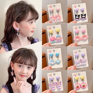 Children's Ear Clips for Little Girls, Painless and Pierced Ears for Girls, Cute Princess Cartoon Kuromi Earrings, Earrings