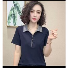 复古风撞色领短袖恤女夏季新款宽松休闲百搭时尚气质减龄翻领上衣