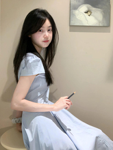 2025小个子法式蓝色连衣裙子女夏2025年新款流行单品漂亮掐腰长裙
