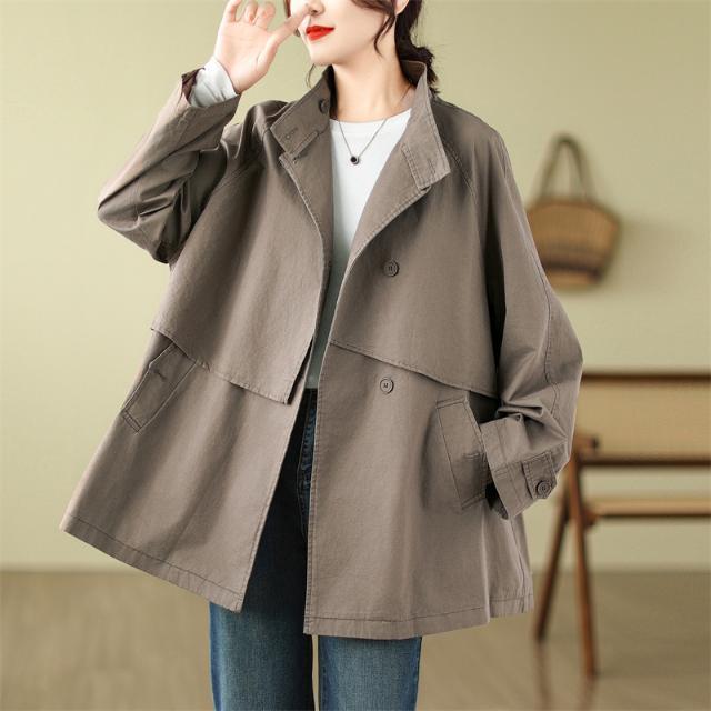 Plus Size Women's Korean Style Casual Stand Collar Windbreaker Women's Mid-Length Spring and Autumn Outwear Women's Autumn Long-Sleeved Tops Women