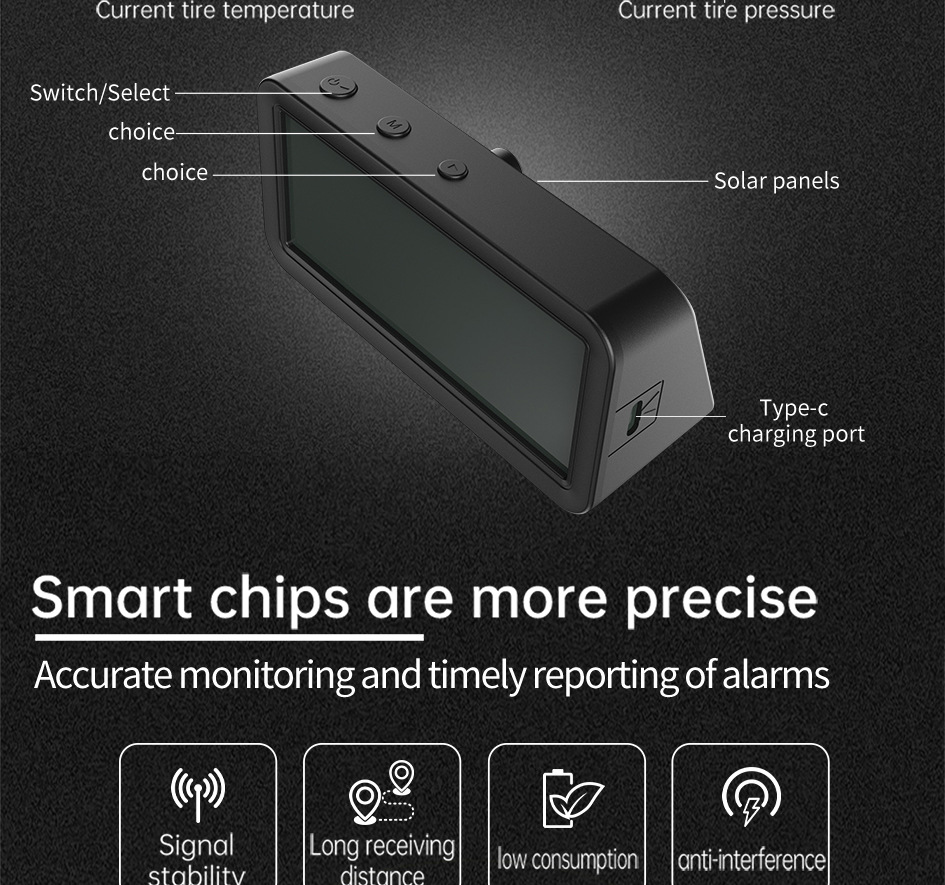 T18 Car Tire Pressure Monitor Solar Wireless Charging High Precision 4inch with In-Car Ambient Temperature Function