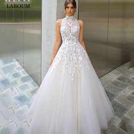 法式挂脖立领婚纱重工贴花刺绣蓬松网纱裙温柔显瘦气质新娘婚纱裙