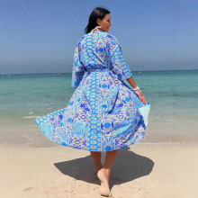 外贸法式长款连衣裙罩衫 V领宽袖绑带泳衣开衫夏天外搭度假沙滩裙