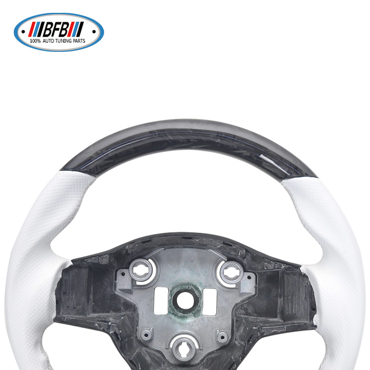 100% Real Carbon Fiber Forged White Steering Wheel with White Stitching - For Tesla Model Y