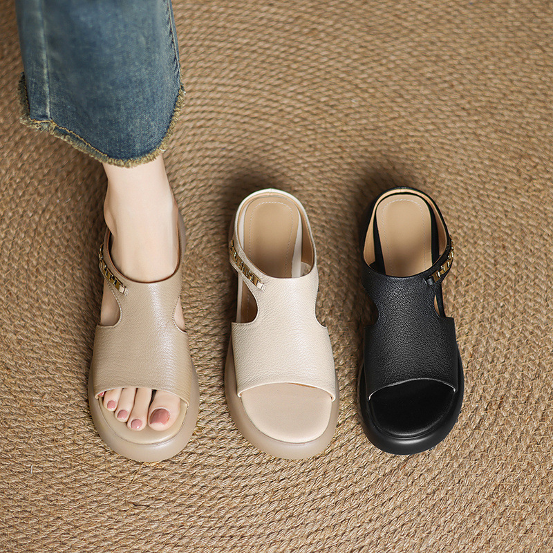 Dép sandal nữ da cừu miệng cá đế dày gót cao nhẹ — đen