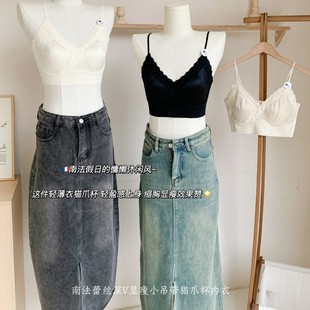 Spring and Summer 2025 New French Style Lace Non-marking Large Back Short Small Sling Beautiful Back Women's One-piece Thin Cup Gather-up Inner Lace