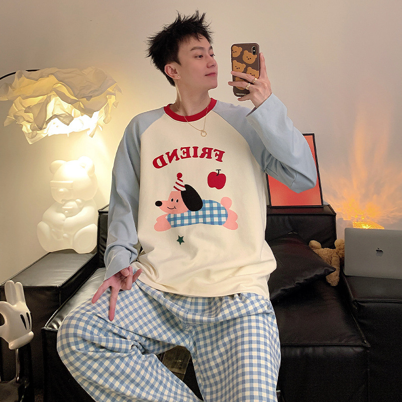 2025 New Men's Pajamas Men's Spring and Autum Long-Sleeved Cartoon Large Size Spring and Summer Boys' Home Clothes Can Be Worn Outside